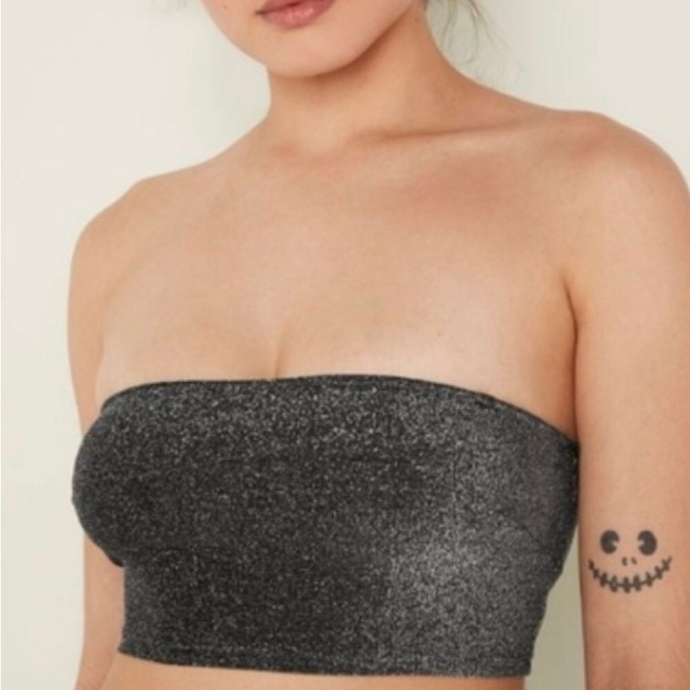 PINK Victoria's Secret Shimmer Bandeau Black Glitter Bikini Swim Top Swimwear S